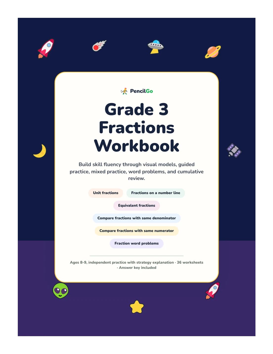 PencilGo Grade 3 Fractions Workbook printable workbook cover