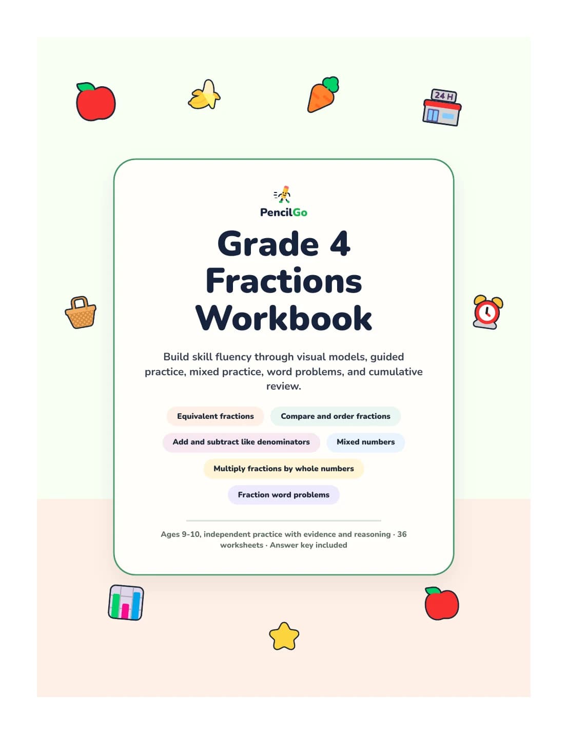 PencilGo Grade 4 Fractions Workbook printable workbook cover