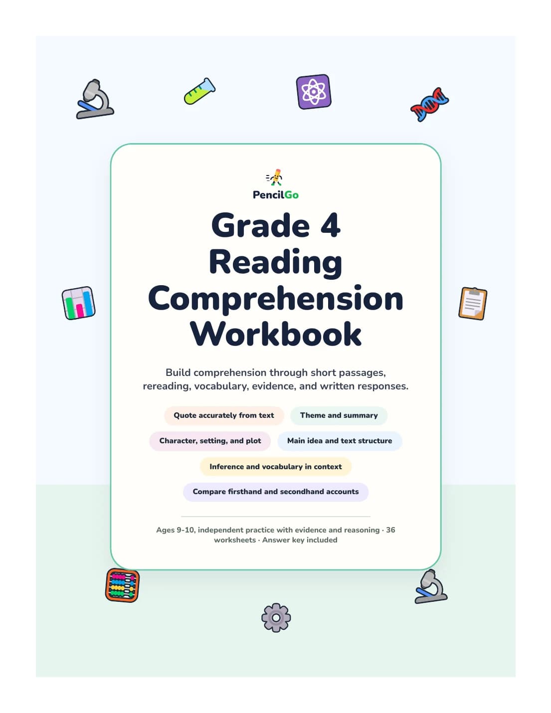 PencilGo Grade 4 Reading Comprehension Workbook printable workbook cover