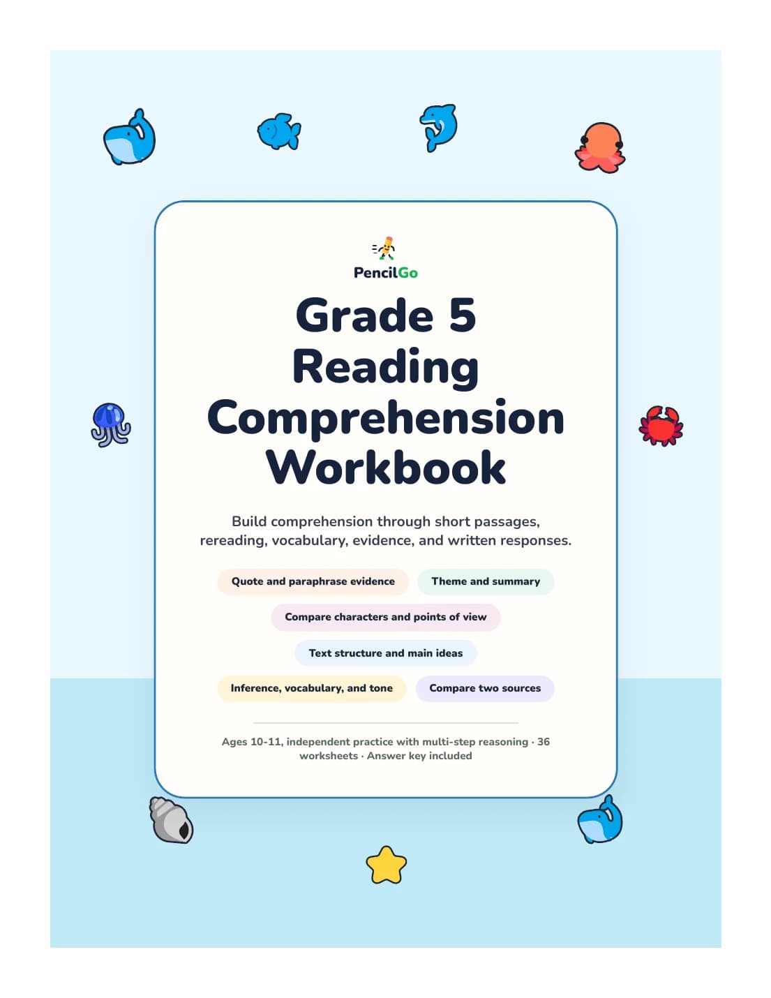 PencilGo Grade 5 Reading Comprehension Workbook printable workbook cover