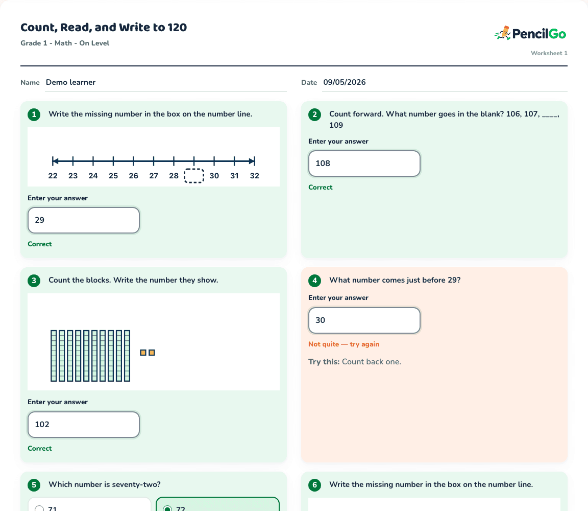 Demonstration of a PencilGo worksheet with checked answers and feedback