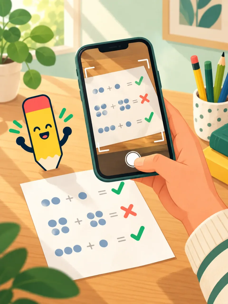Phone checking a paper worksheet with the PencilGo mascot
