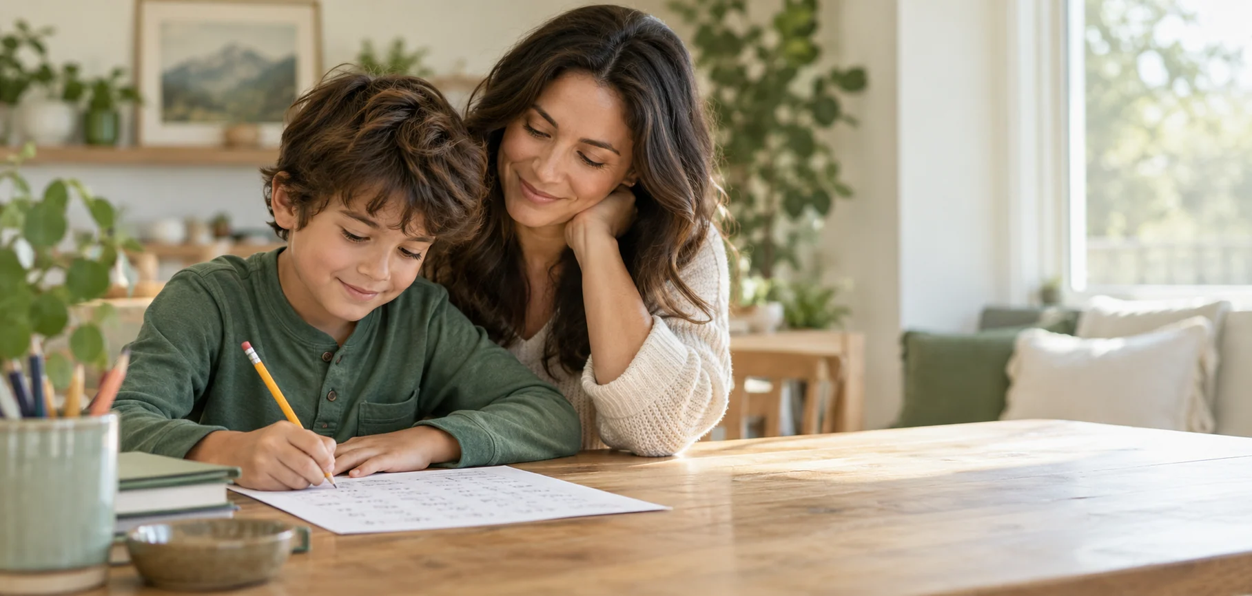 Parent helping a child with a paper worksheet