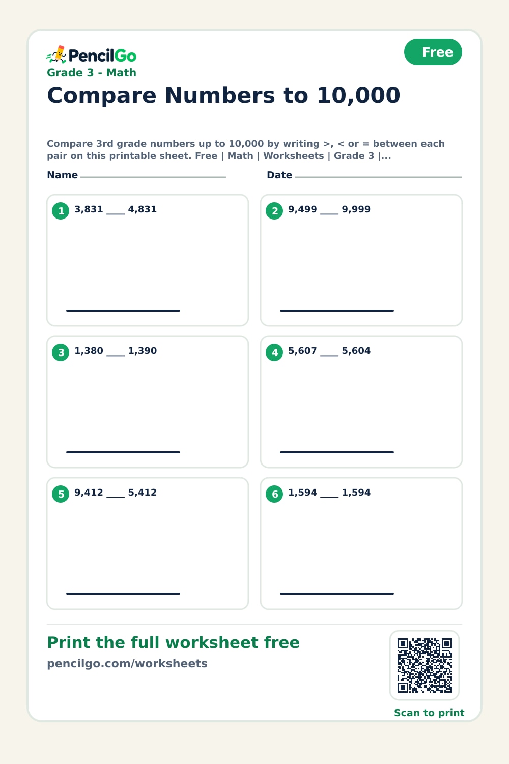 Grade 3 Compare Numbers Worksheets | PencilGo