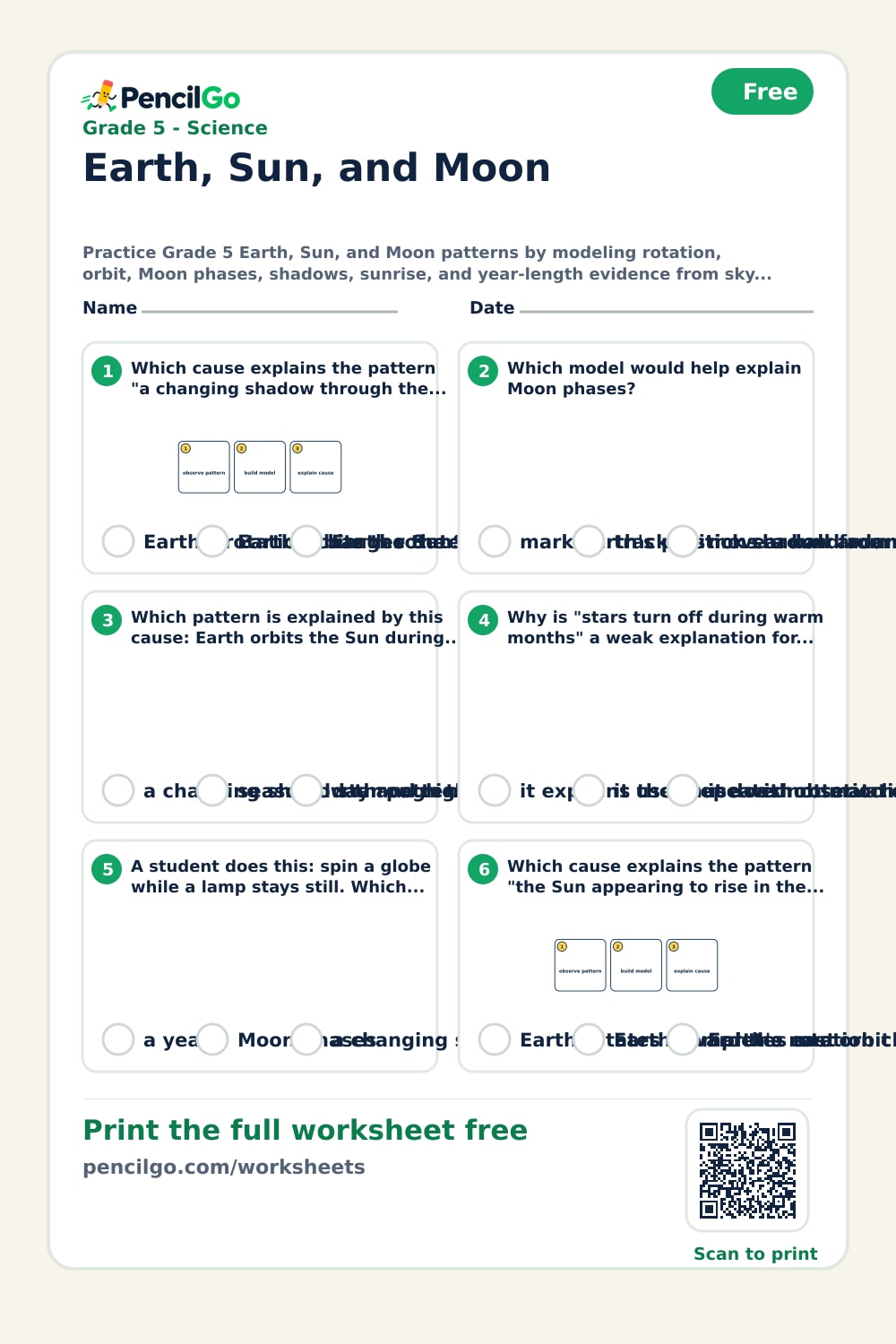 Grade 5 Earth, Sun, and Moon Worksheets | PencilGo
