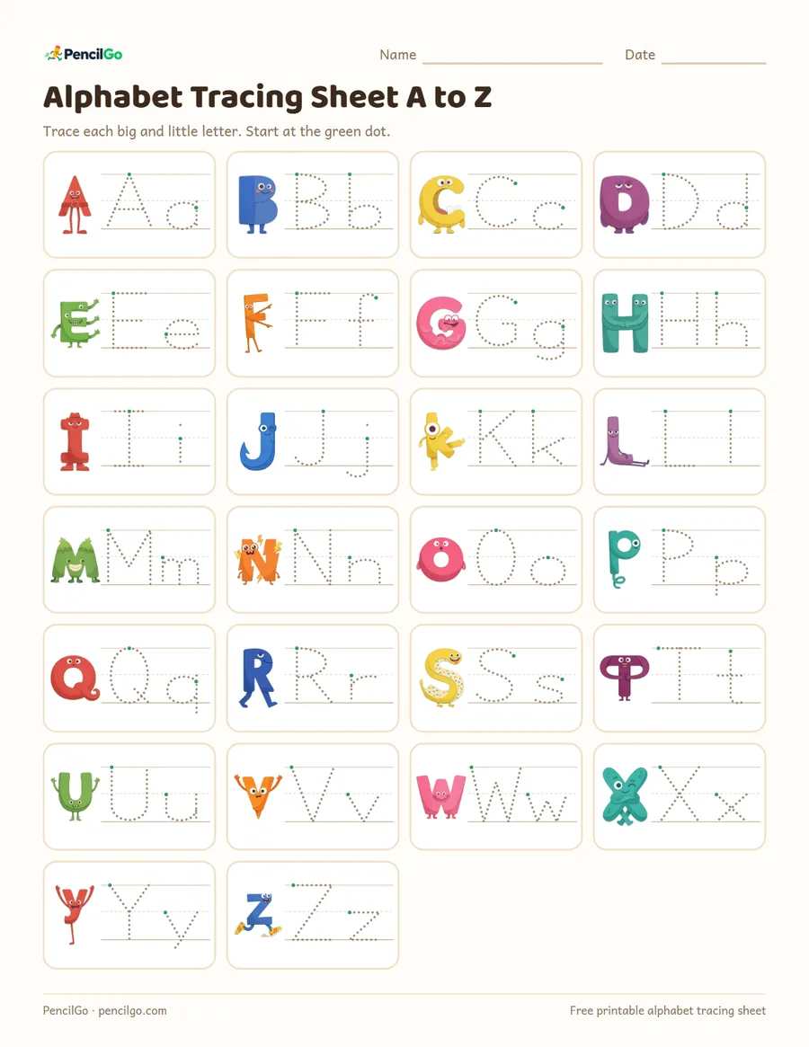 Preview of the alphabet tracing sheet a to z