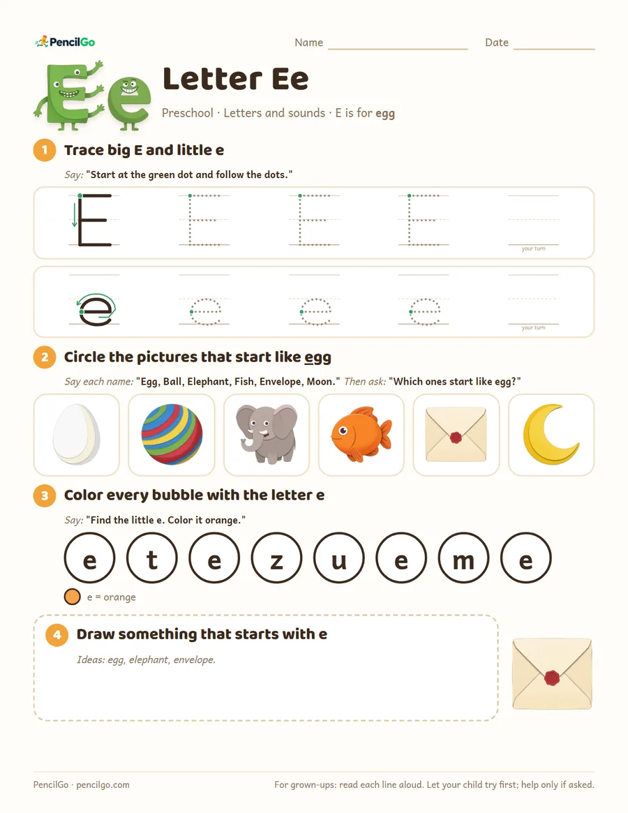 Preview of the letter e tracing worksheet