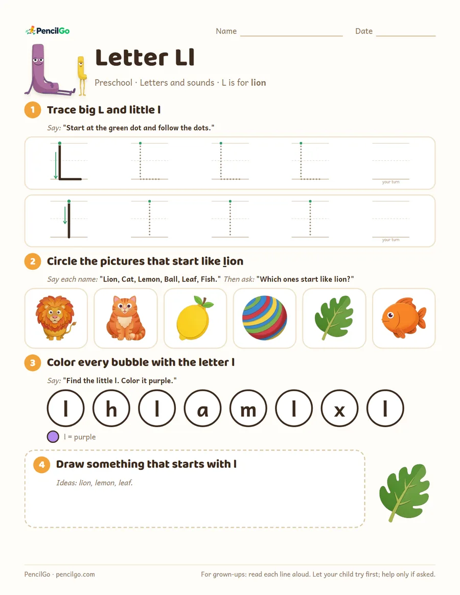 Preview of the letter l tracing worksheet