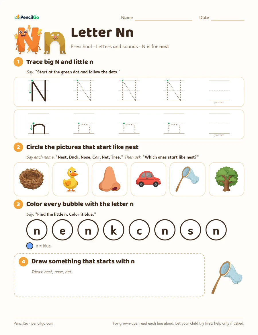 Preview of the letter n tracing worksheet