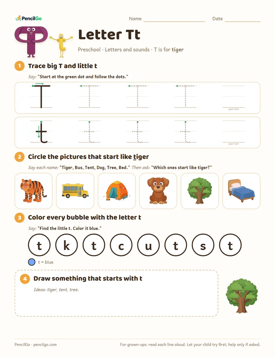 Preview of the letter t tracing worksheet