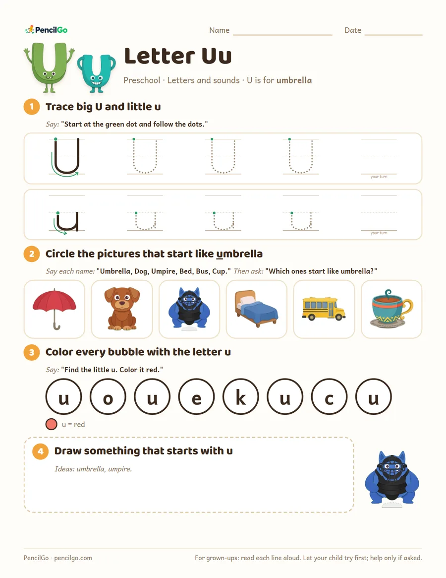 Preview of the letter u tracing worksheet