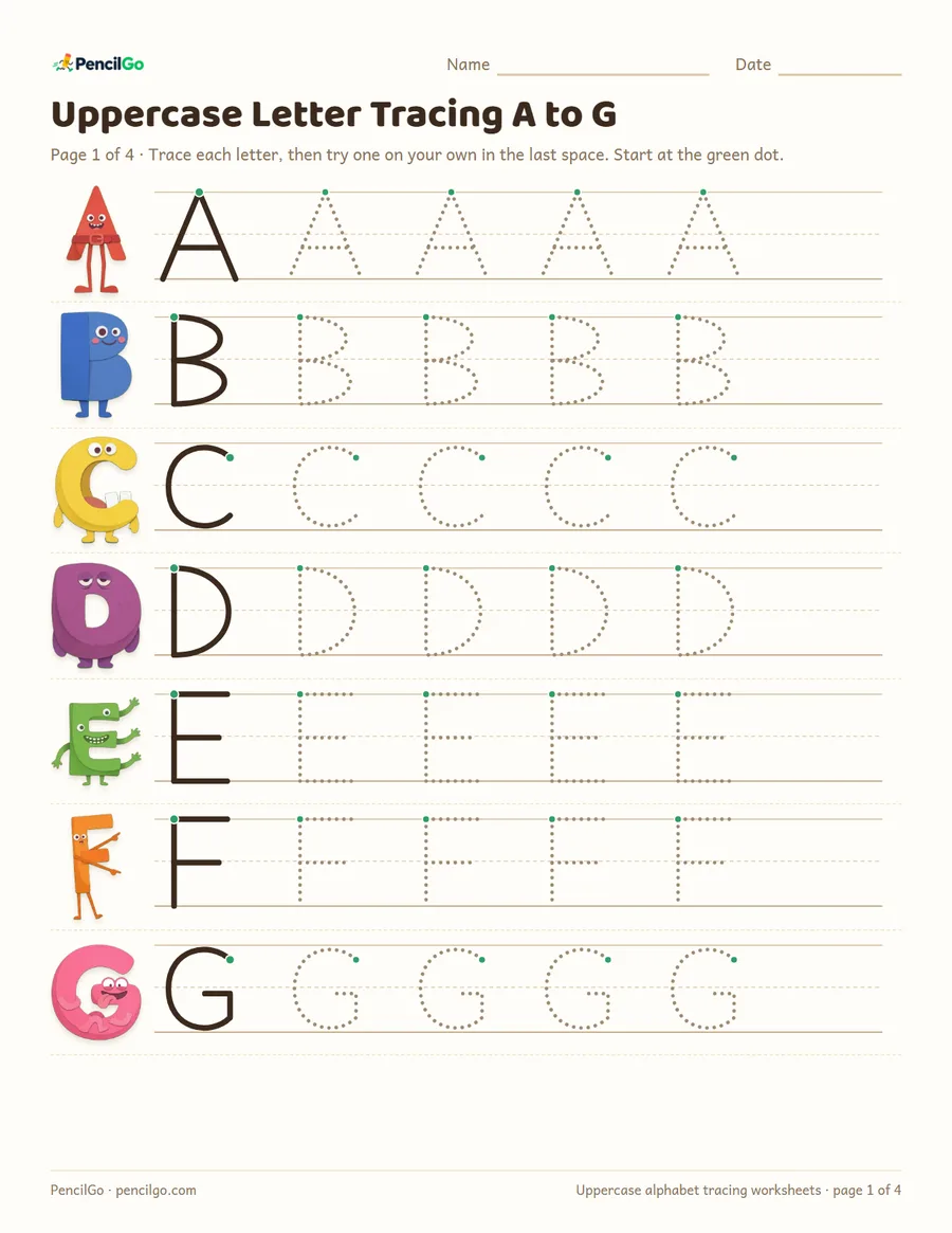 Preview of the uppercase letter tracing worksheets a to z