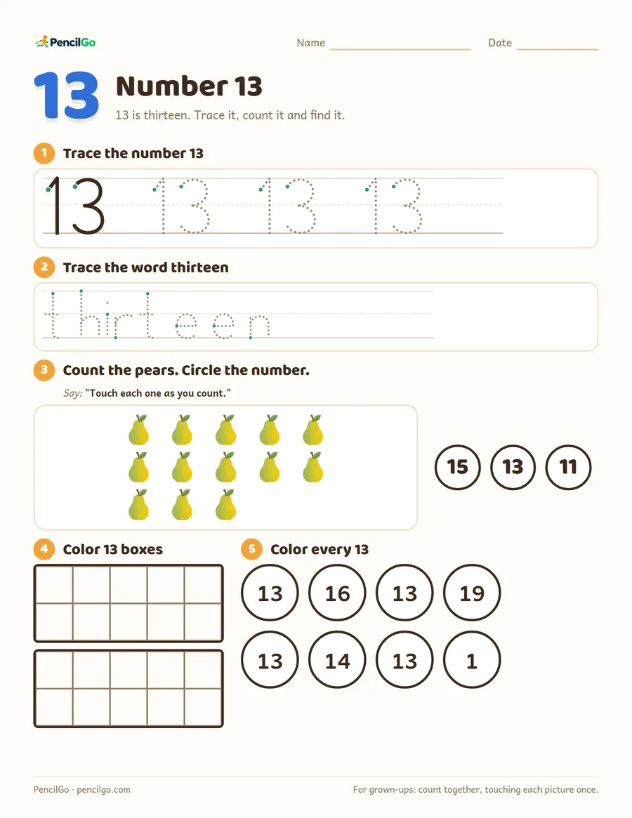 Preview of the number 13 worksheet