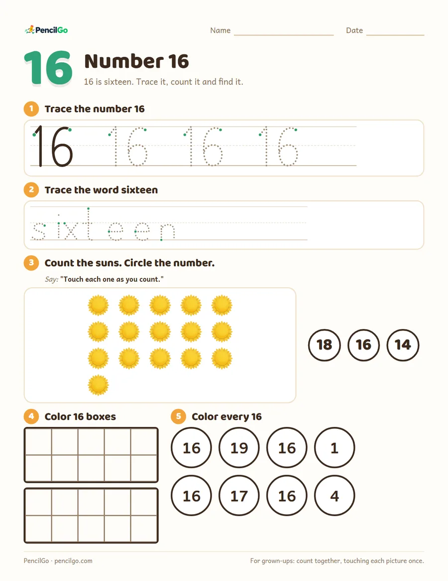 Preview of the number 16 worksheet