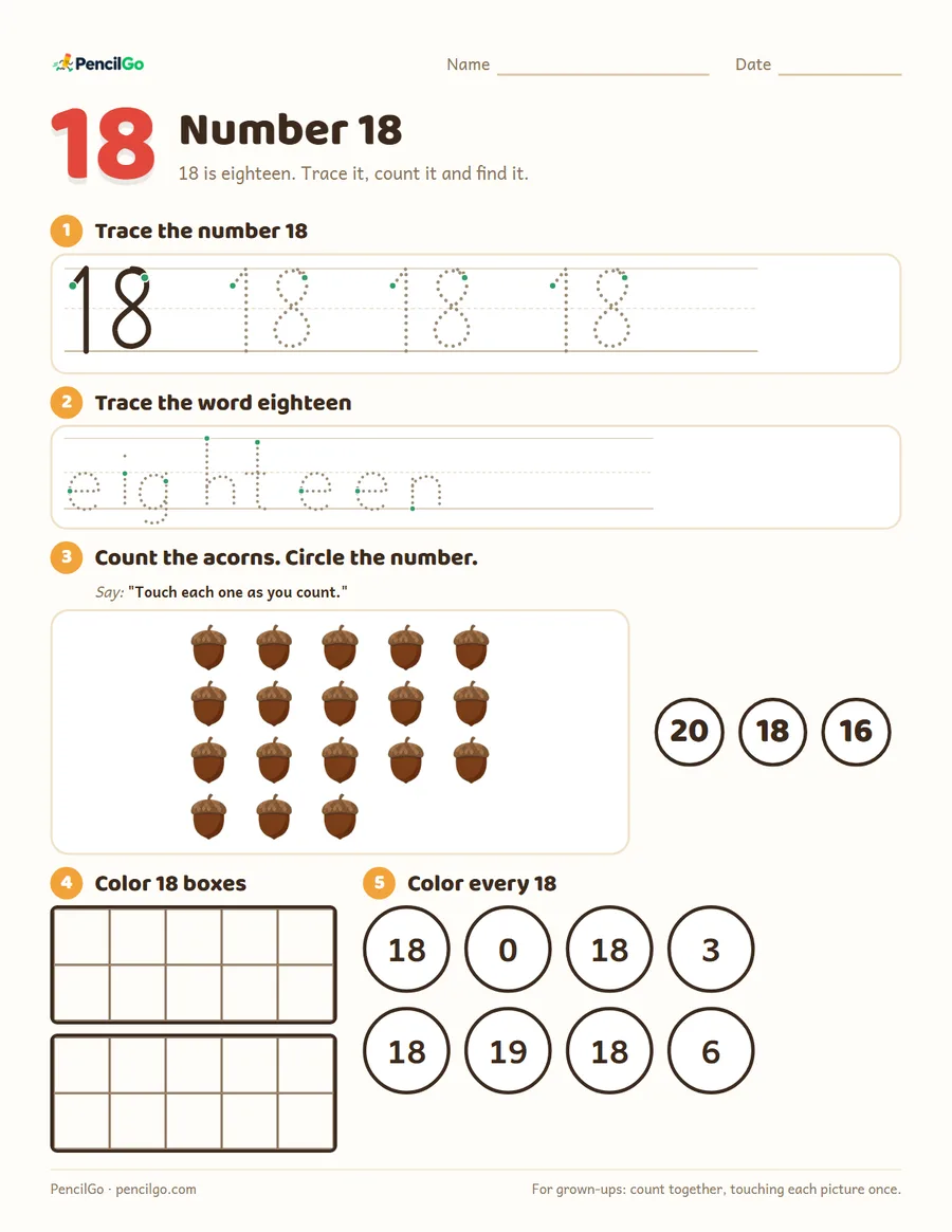 Preview of the number 18 worksheet