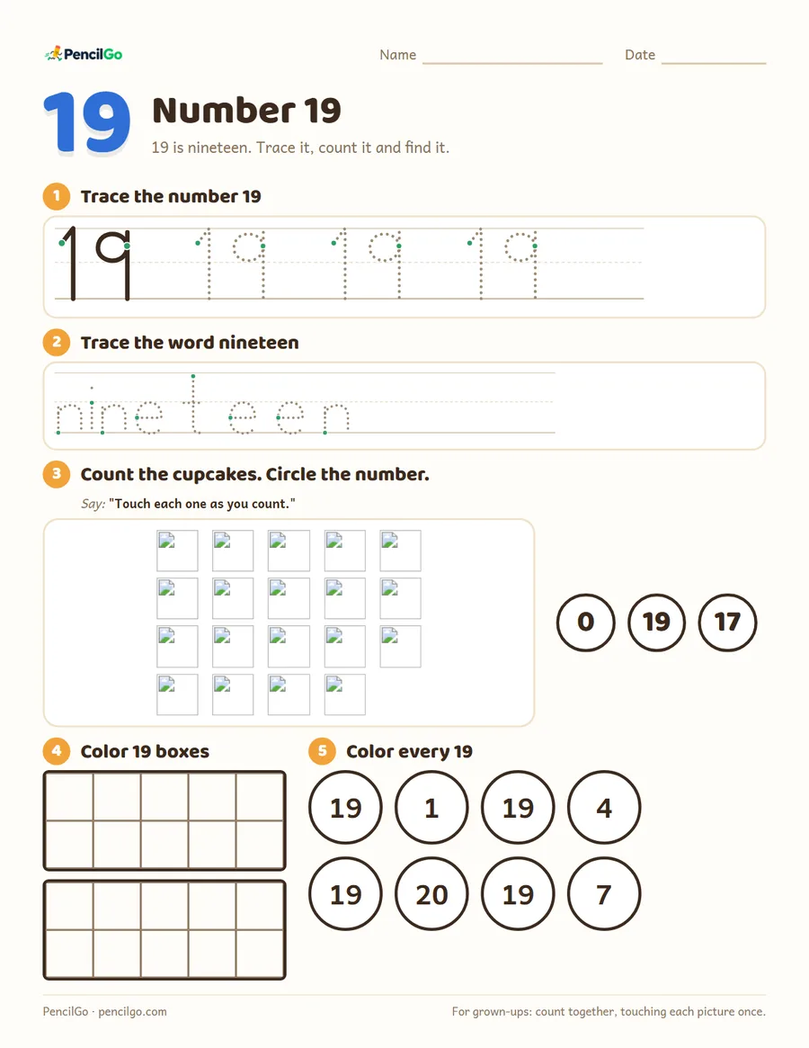 Preview of the number 19 worksheet