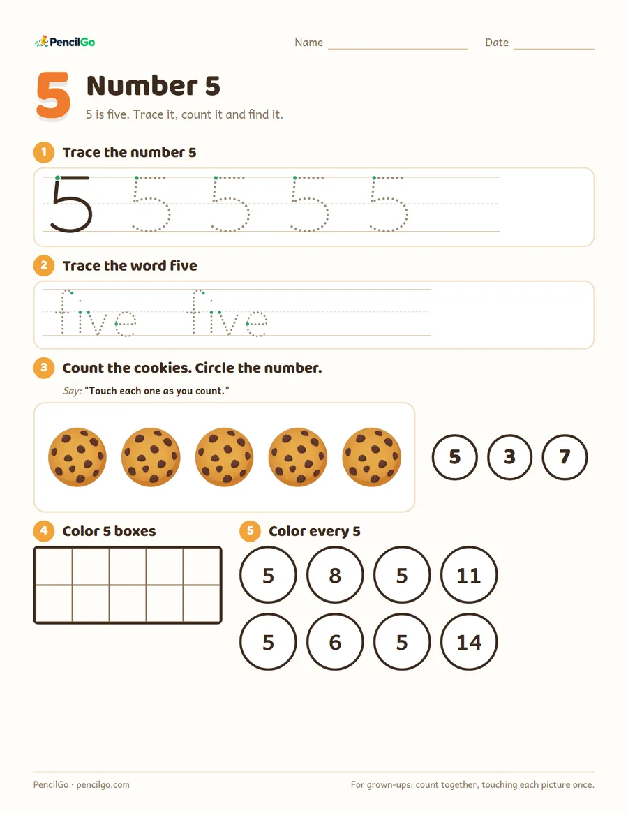 Preview of the number 5 worksheet