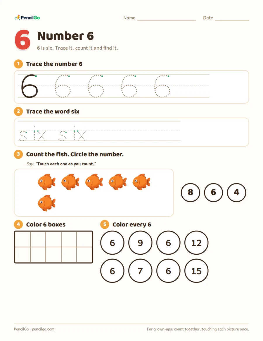 Preview of the number 6 worksheet