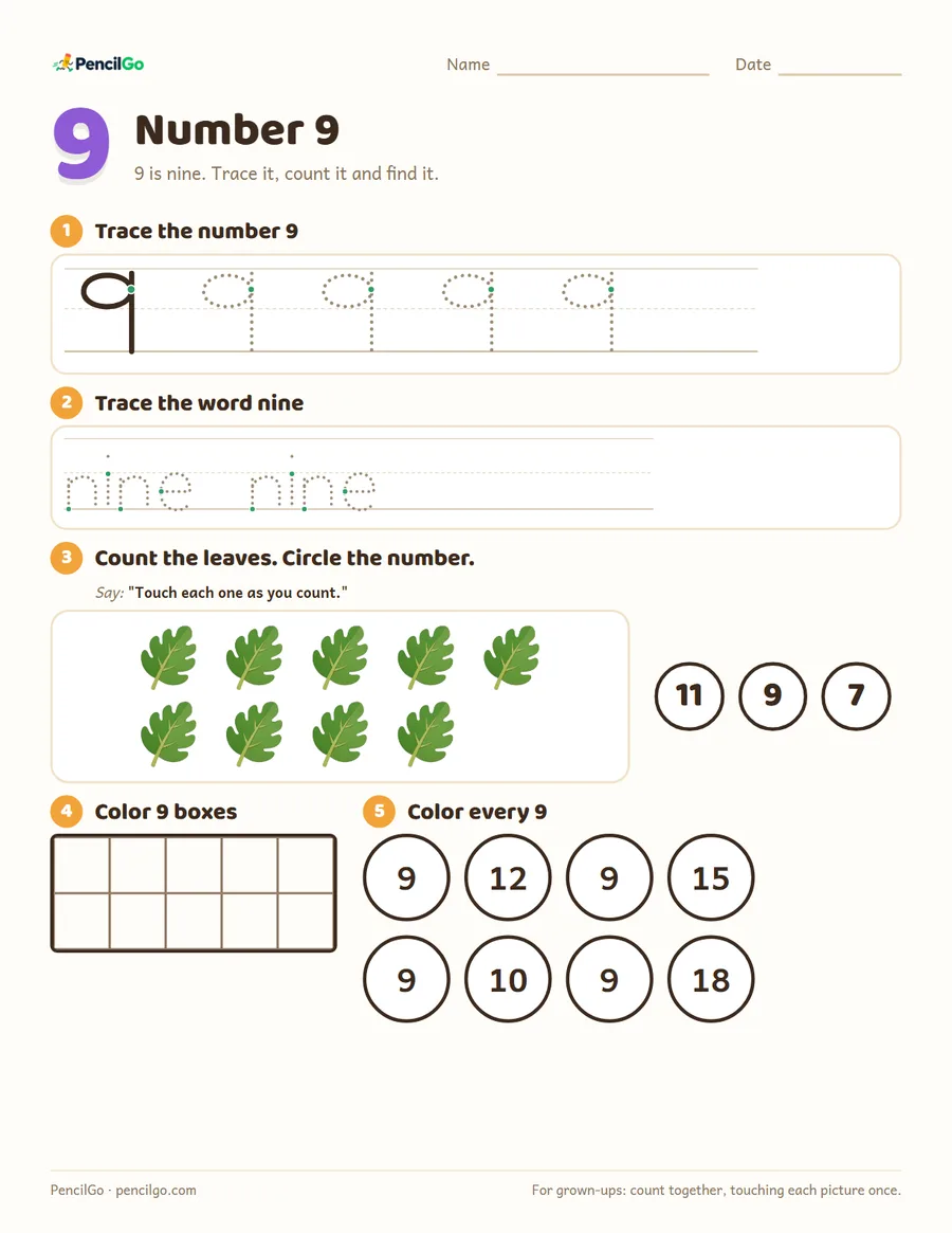 Preview of the number 9 worksheet