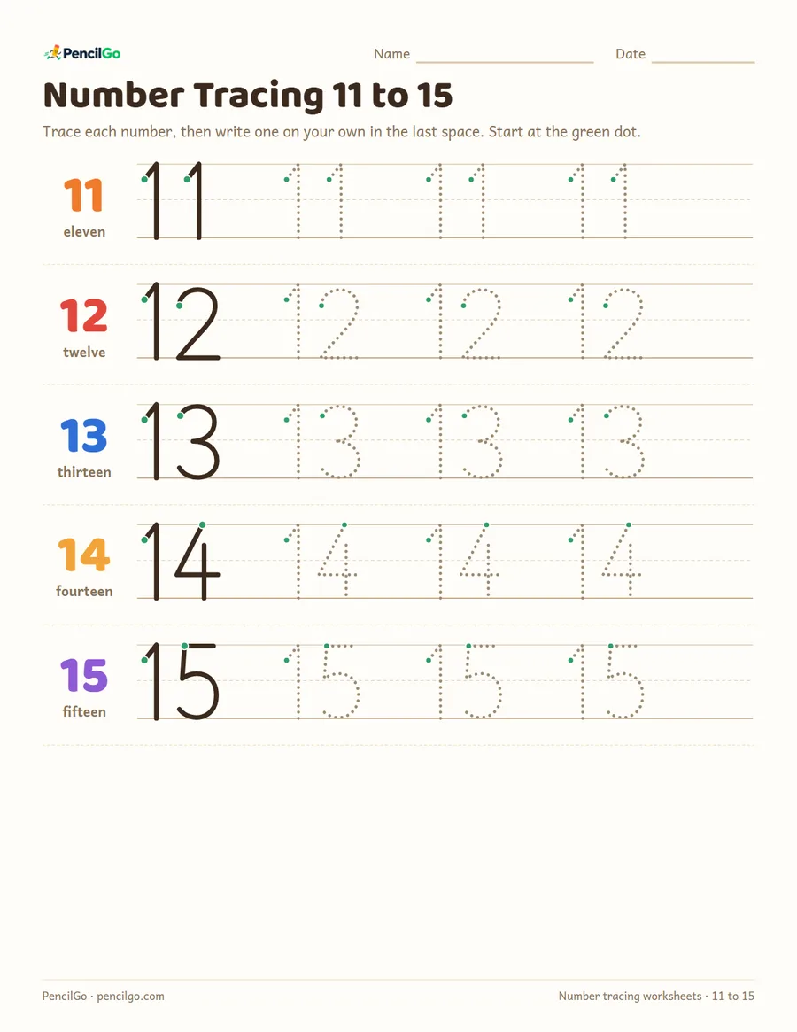 Preview of the number tracing worksheets 11 to 20