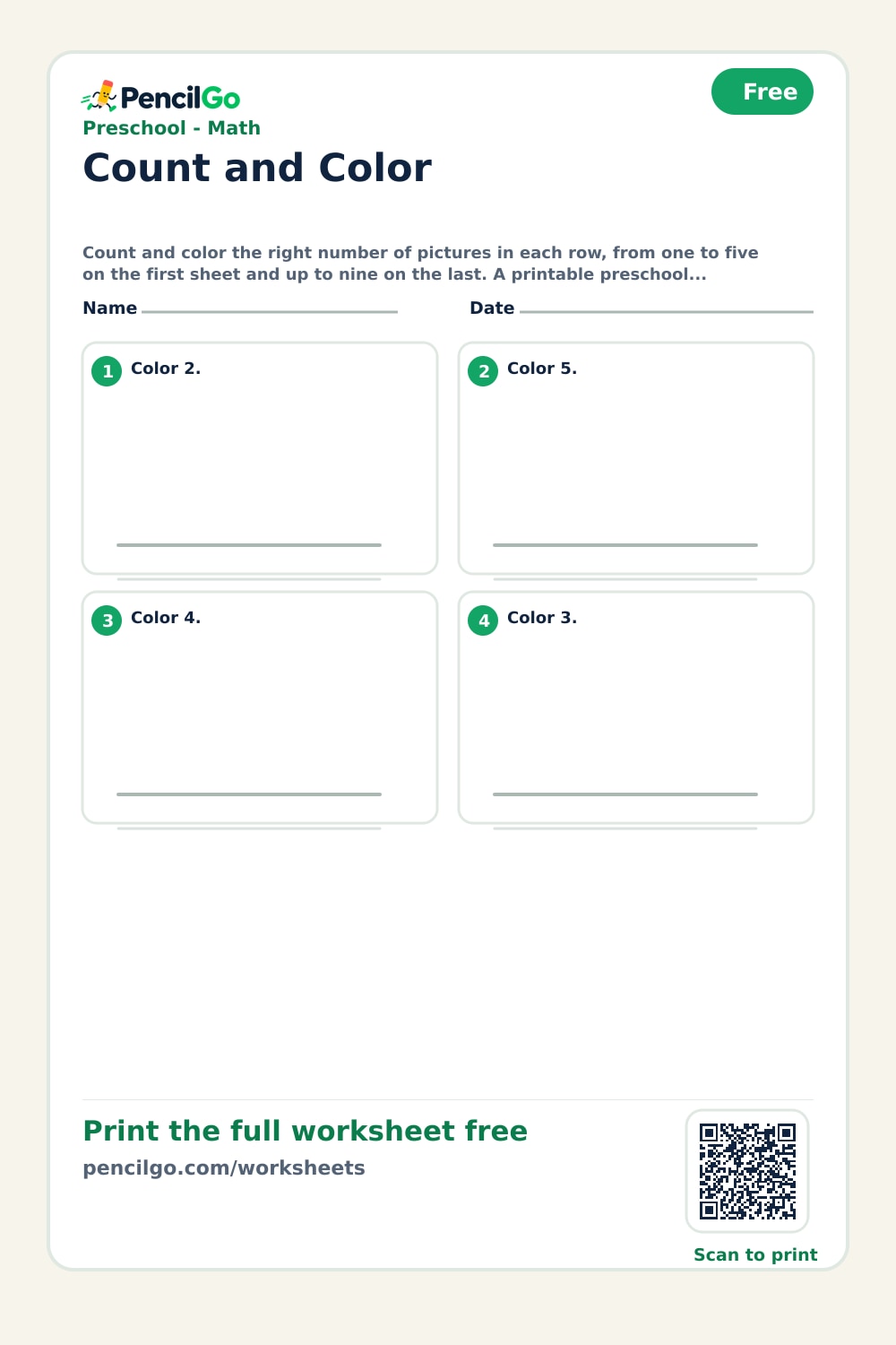 Preschool Count and Color Worksheets | PencilGo