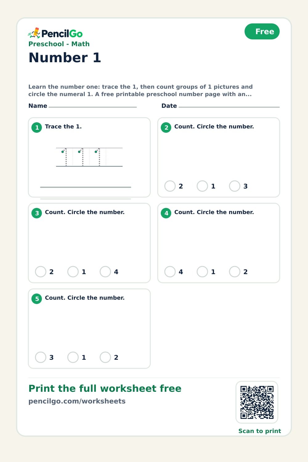 Preschool Number 1 Worksheets | PencilGo
