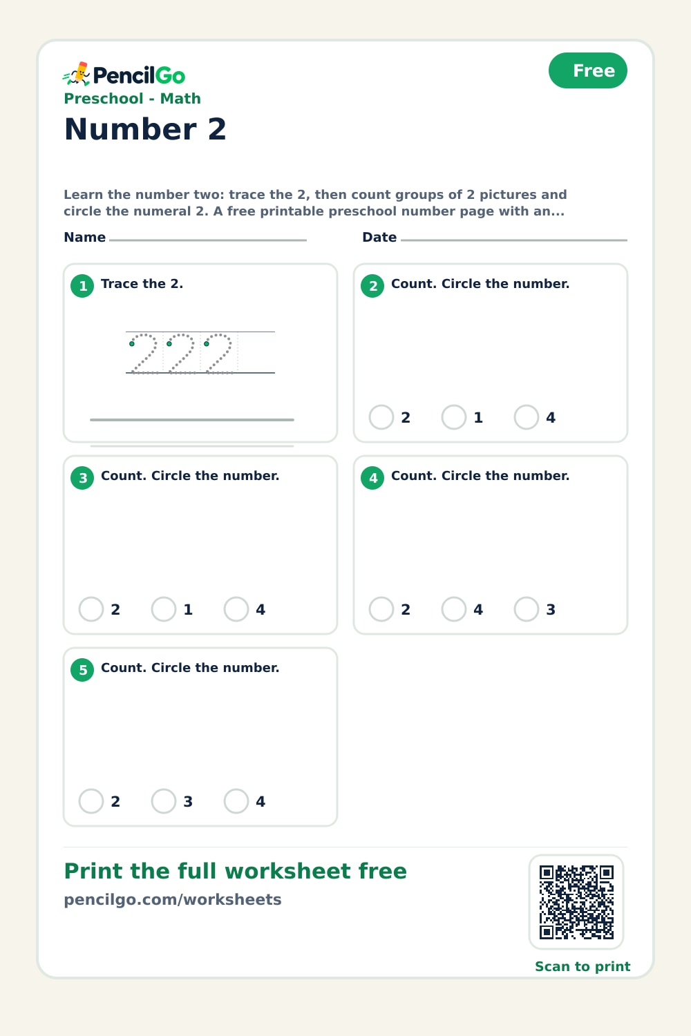 Preschool Number 2 Worksheets | PencilGo